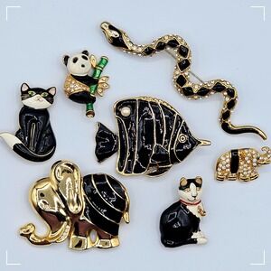 Vtg Animal Brooch Lot Statement Snake Cat Elephant Panda Rhinestone‎ Enamel Pins